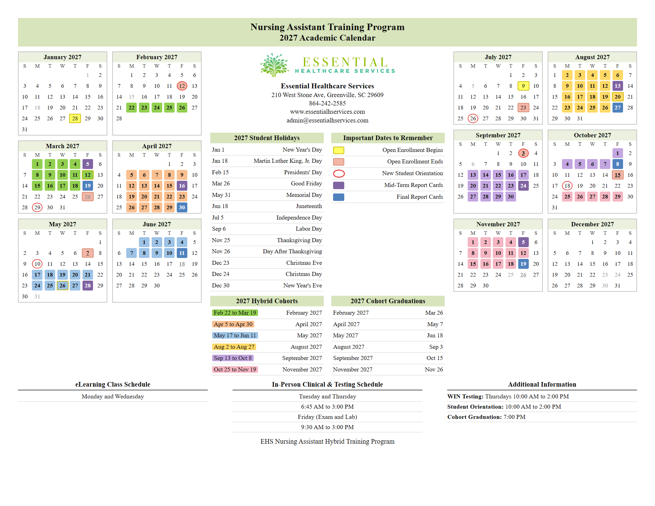 2027 EHS Academic Calendar, Nursing Assistant Training Program